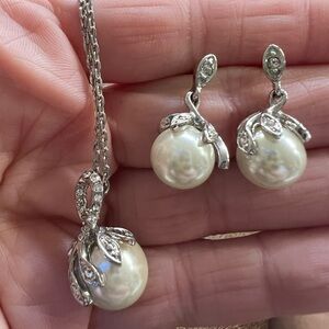 Macy's Pearl and CZ Silver Necklace and Matching Earrings